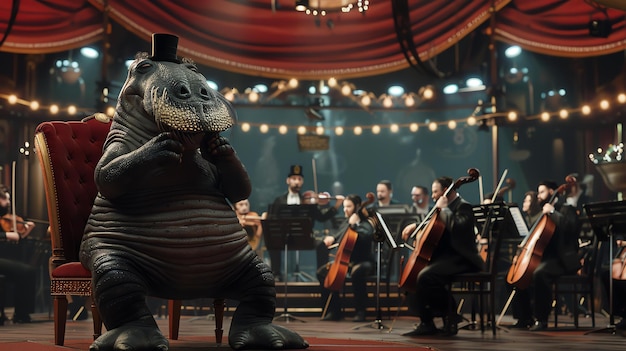 Foto un hipopótamo con un sombrero de copa y un monóculo se sienta en una silla de terciopelo rojo en el centro de un escenario detrás de él una orquesta está tocando