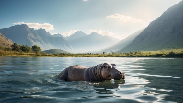 Hipopótamo submerso em água com montanhas