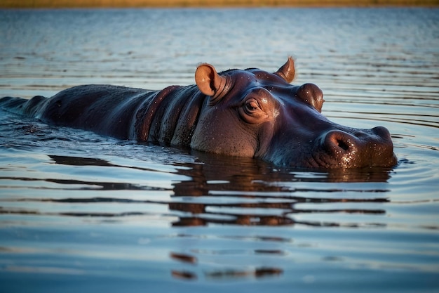 Hipopótamo submerso na água com os olhos espiando