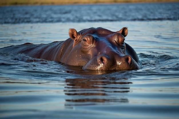 Hipopótamo sumergido en el agua con los ojos mirando