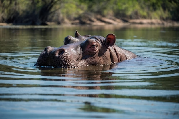 Foto hipopótamo sumergido en el agua con los ojos mirando