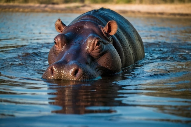 Hipopótamo sumergido en el agua con los ojos mirando