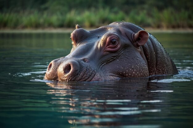 Hipopótamo sumergido en el agua con los ojos mirando