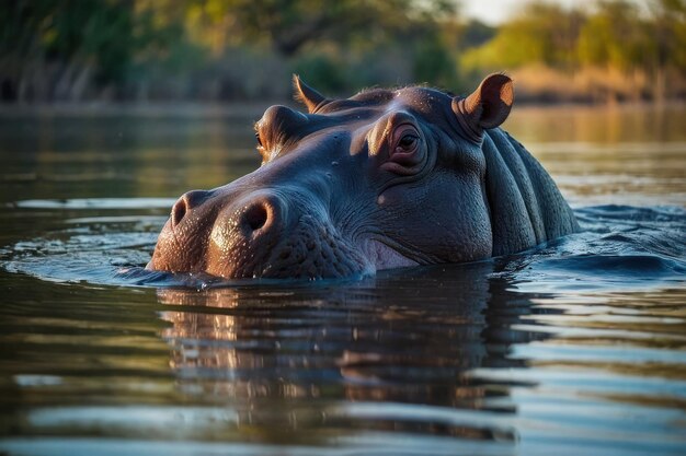 Hipopótamo sumergido en el agua con los ojos mirando