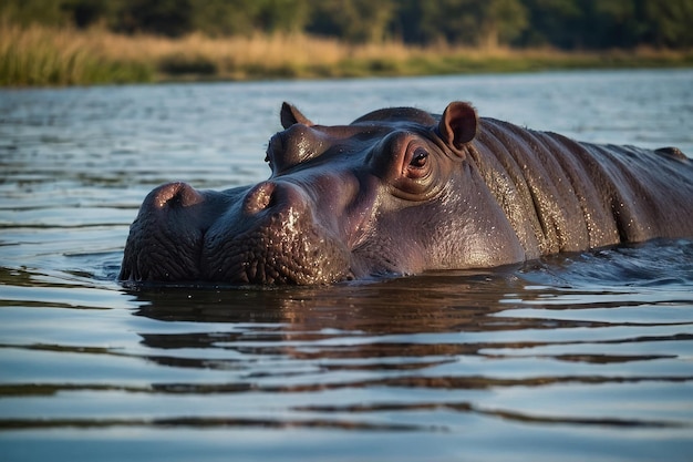 Hipopótamo sumergido en el agua con los ojos mirando