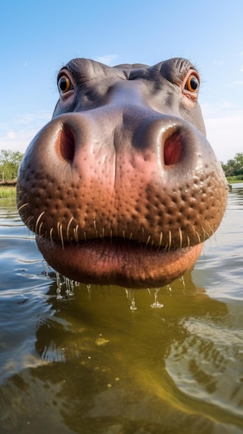 El hipopótamo toca la cámara tomando una selfie Un retrato selfie gracioso de un animal