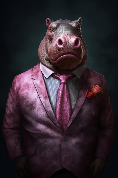 Foto un hipopótamo con un traje rosa y una camisa que dice hipopótamo