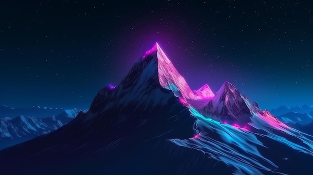 Hipotético inventivo facilita para ver a base e o padrão com triângulo de néon rosa na crista da montanha fria à noite com céu estrelado azul roxo Recurso criativo gerado por IA
