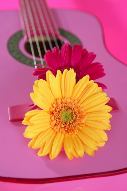 Foto hippie flor gerbera rosa amarela na guitarra