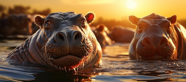 Hippo Haven Hipopótamos revolcándose en un sereno pozo de agua, una demostración engañosa de su enorme fuerza Generado con IA