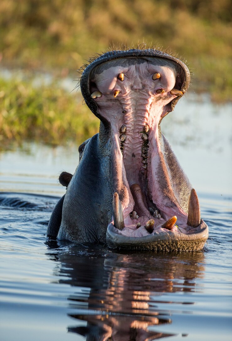 Foto hippo sitzt im wasser, öffnet den mund und gähnt
