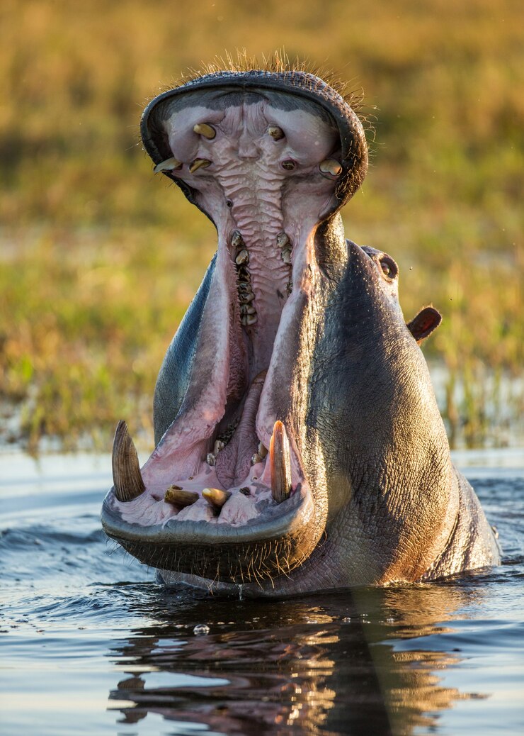 Foto hippo sitzt im wasser, öffnet den mund und gähnt