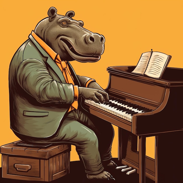 Hippo Troubadour Uma ilustração nostálgica Neopop de um empresário Hippo tocando piano