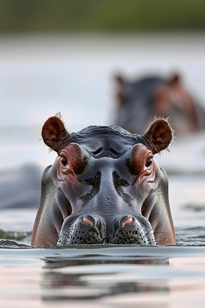 Hippopotamuskopf, der aus dem Wasser auftaucht Das Wasser hat sanfte Wellen, die auf Ruhe hindeuten