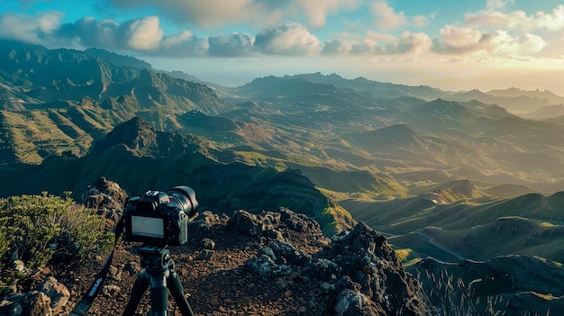 Hipster-Asianin mit Rucksack genießt Sonnenuntergang auf dem Gipfel Berg Reisen Lifestyle Abenteuer