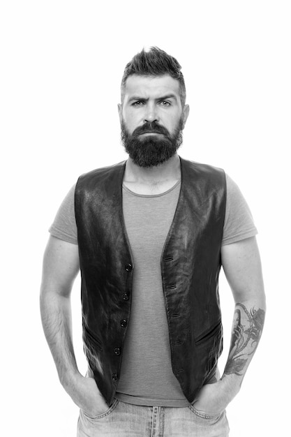 Hipster caucásico brutal con bigote Hombre barbudo Cuidado de cabello y barba Cuidado facial Joven y brutal Cuidado de peluquero masculino Hipster de hombre serio Hipster maduro con barba Retrato de moda de hombre