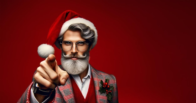 Hipster caucásico hombre fresco Santa Claus con una mirada decisiva y señalando con el dedo a usted