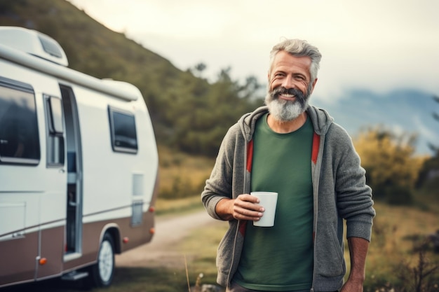 Hipster enérgico anciano junto a una caravana de RV durante las vacaciones Viajero mayor disfruta del paisaje tomando café reflexivamentexA
