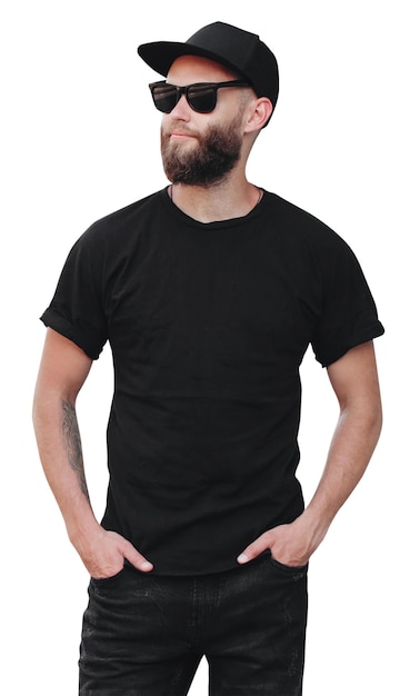 Foto hipster, guapo, modelo masculino, con, barba, llevando, negro, camiseta en blanco, con, espacio, para, su, logotipo, o, diseño, blanco, plano de fondo