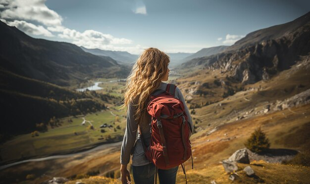 Hipster junges Mädchen mit Rucksack genießt den Sonnenuntergang auf dem Gipfel des Berges Touristen Reisender im Hintergrund