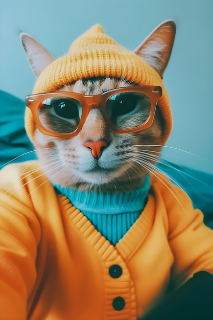 Hipster-Katze macht Selfie-Foto, lustige antrophomorphe Tiere