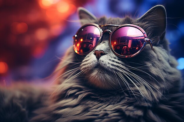 Foto hipster-katze mit brille im dunklen hintergrund modekunstdesign modernes kreatives design look vision schönes kätzchen generative ai