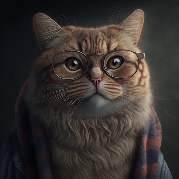 Hipster-Katze mit Kleidung und Brille. Katzenporträt. Generative KI