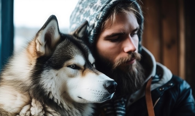 Hipster-Mann knutscht und umarmt seinen Hund enge Freundschaft liebevolle Bindung zwischen Besitzer und Haustier Husky generative KI