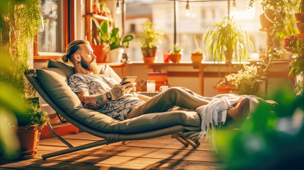 Hipster-Mann mit Tätowierungen telefoniert zu Hause auf einem nachhaltigen Balkon mit Topfpflanzen