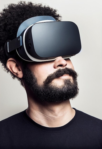 Hipster-Mann mit VR-Headset Konzept Porträt großer Bart großer Schnurrbart moderne Menschen Aktivitäten