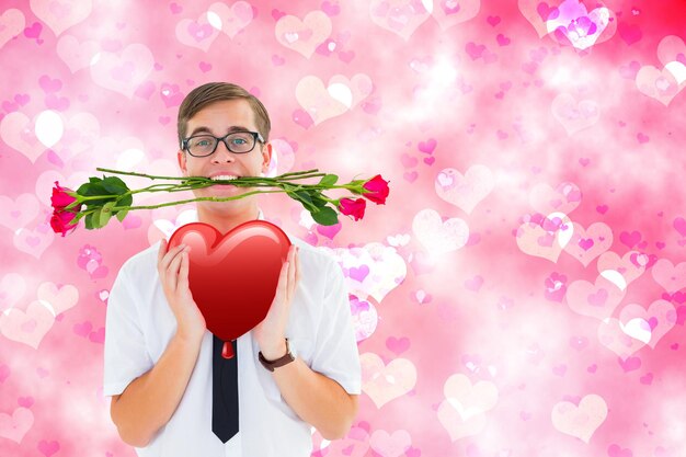Hipster nerd romântico contra design de coração feminino gerado digitalmente