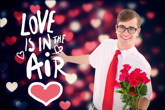 Hipster nerd romântico contra o padrão de coração do dia dos namorados