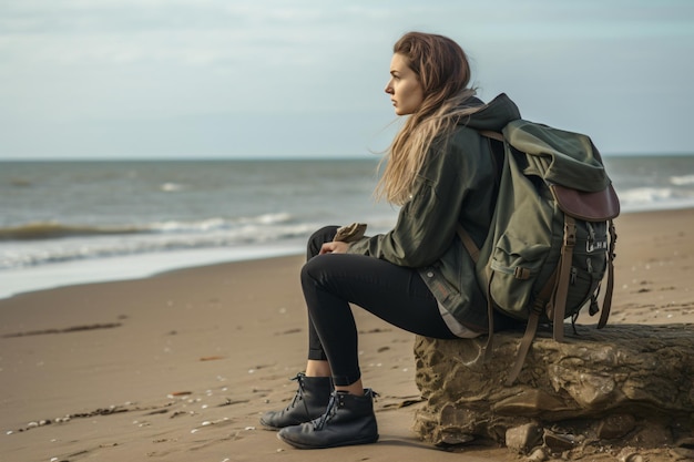 Hipster-Reisende-Rucksack-Frau sitzt am Strand