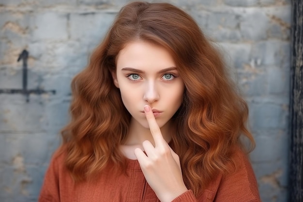 Hipster-Teenager der Generation Z rothaariges Mädchen zeigt Shh-Zeichen mit der Fingergeste und bittet darum, geheim zu bleiben, Schweigen zu bewahren oder Privatsphäre zu bewahren, Stille auf städtischem Wandhintergrund Teenager-Problem-Geheimhaltungskonzept Nahaufnahme eines Porträts