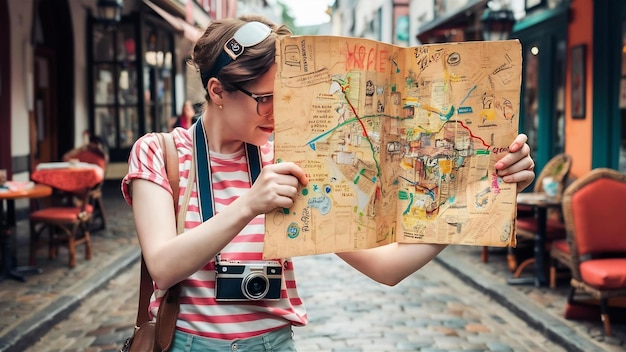 Foto hipster-tourist schaut sich die karte an