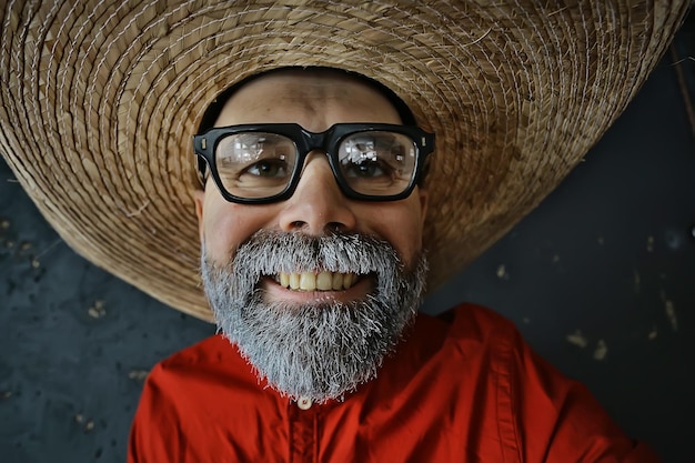 Hipster-Typ mit Brille mit grauem Bart in einem Hut mit Krempe. emotional posierender vorbildlicher mann