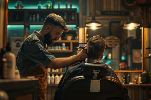 Hipsterbarber, der der jungen Clie einen modernen Haarschnitt gibt