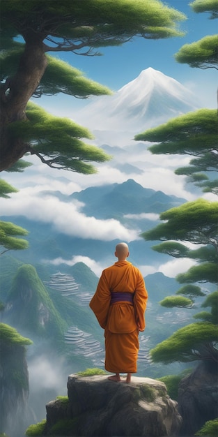 Hiro, der junge Mönch, steht auf dem Gipfel eines Berges und blickt auf die weite Landschaft von Belo.