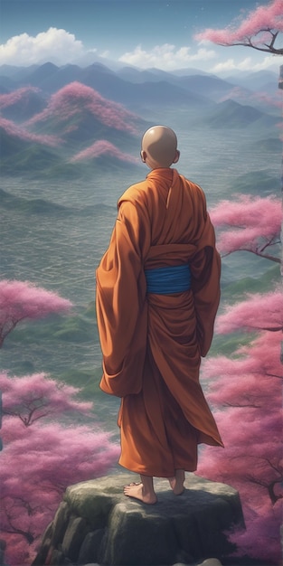 Hiro, el joven monje, está de pie en la cima de una montaña y está mirando el vasto paisaje de Belo.
