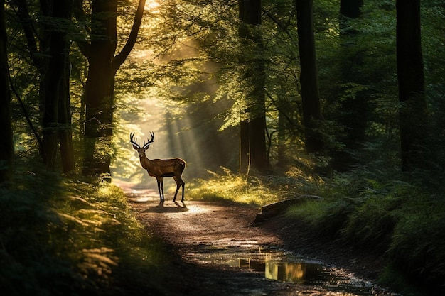 Hirsch auf einem Weg im Wald