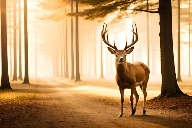 Hirsch auf einer Straße im Wald