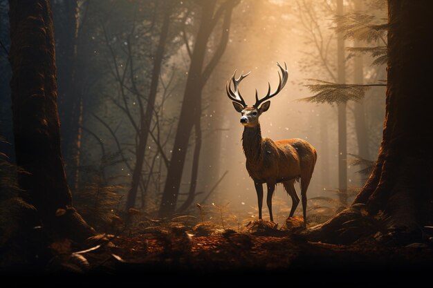 Hirsch im Wald mit dem Licht dahinter