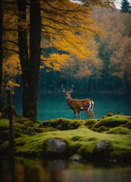 Hirsch im Wald mit einem grünen Moos-Hintergrund