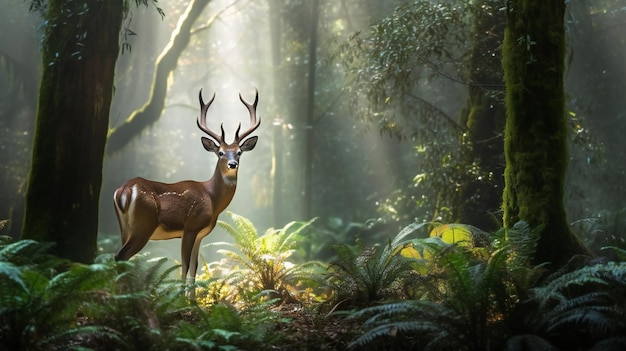 Hirsch im Wald mit Nebel und Farnen im Hintergrund