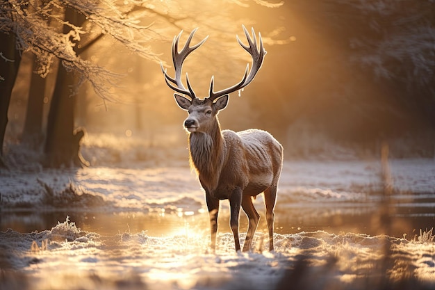 Hirsch im Winterwald bei Sonnenuntergang Wildszene aus der Natur Damhirsch während der Brunftzeit bei Sonnenaufgang im Winter KI-generiert