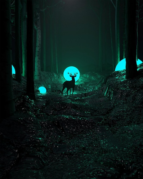 Hirsch in einem Wald mit blauer glühender Kugel