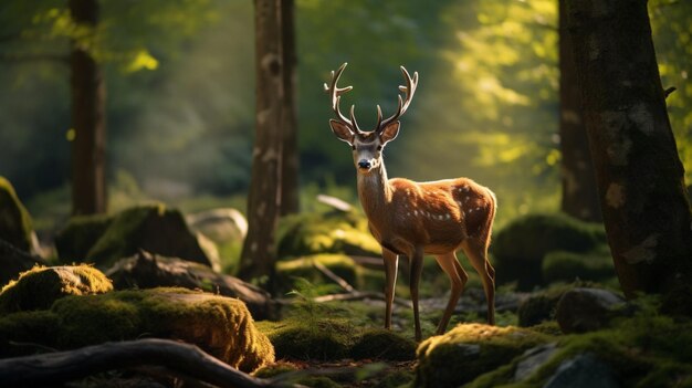 Hirsche gehen durch den Wald. KI-generierte Bilder