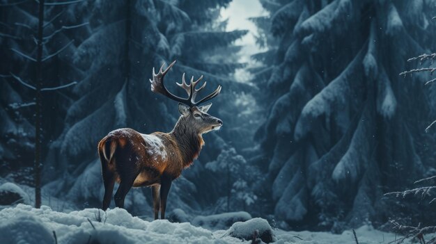 Hirsche im bezaubernden schneebedeckten Wald, majestätische Wildtiere im Winter