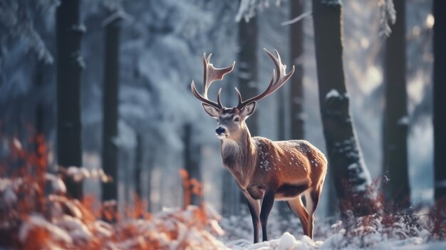 Hirsche im bezaubernden schneebedeckten Wald, majestätische Wildtiere im Winter