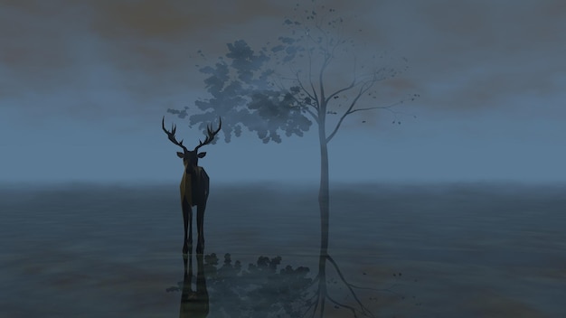Hirschsilhouette in der Nähe eines einsamen Baumes, dunkle surreale Landschaft